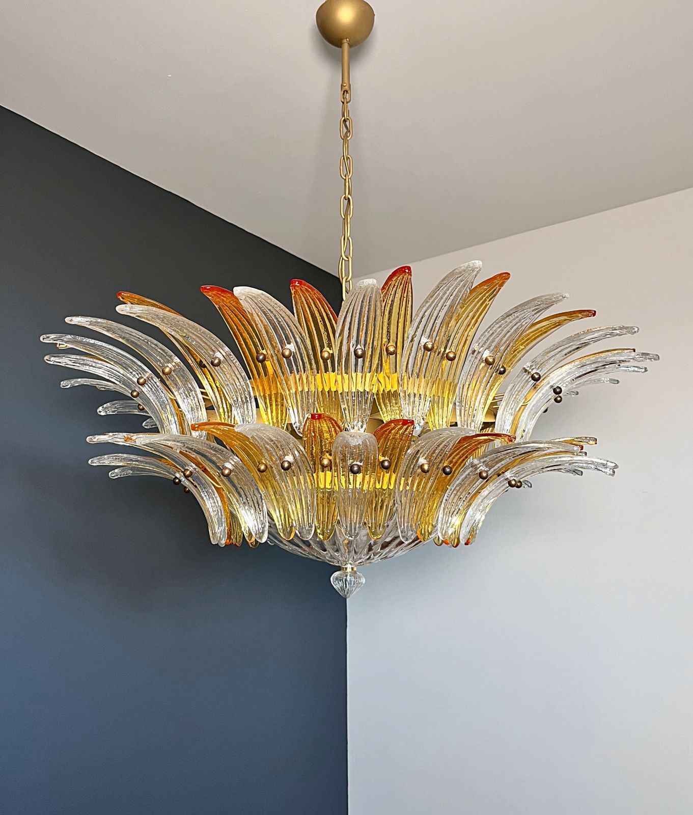 Murano Chandelier Original Palmette, Two Levels, 82 Amber And Clear Glasses photo for sale