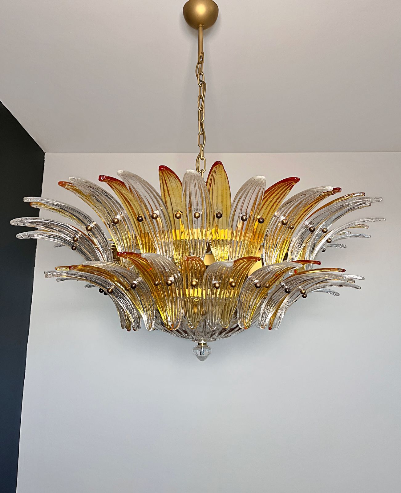 Murano Chandelier Original Palmette, Two Levels, 82 Amber And Clear Glasses photo vinterior