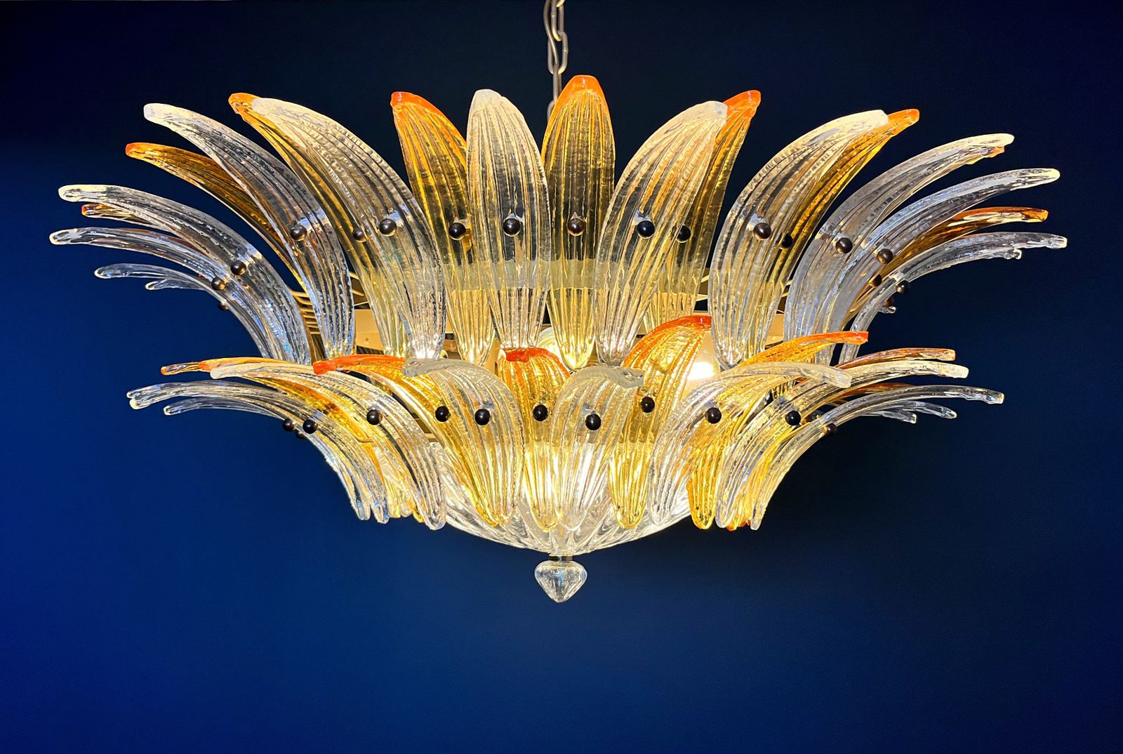 Murano Chandelier Original Palmette, Two Levels, 82 Amber And Clear Glasses photo vintage