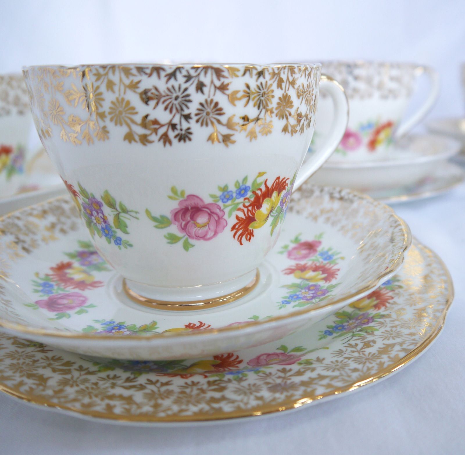 Imperial Bone China Tea Cup Trios With Milk Jug And Sugar Bowl, 6 Bone China Floral And Gold Tea Cups, Saucers And Plates. photo Home Decor