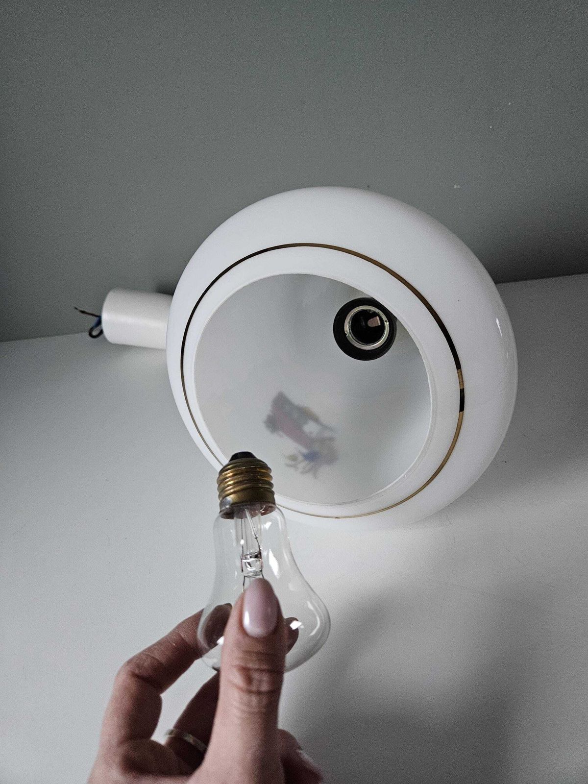 photo for sale Vintage Pendant Light, Old Kitchen Lamp, Opaline Glass Ceiling Light, 60's, Farmhouse Lamp, Cottage Core, Love Couple And Carriage