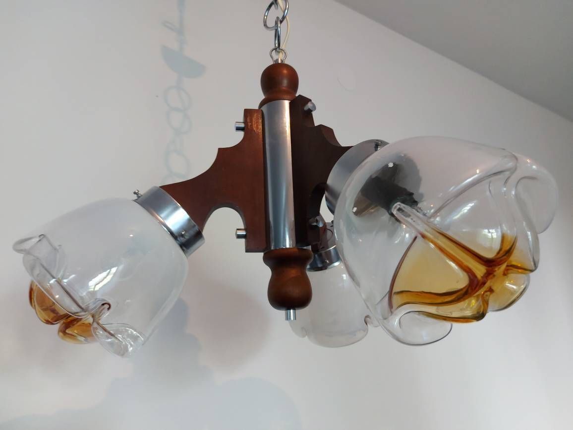 Vintage Mazzega Pendant Lamp, Mid Century Lamp, Dinning Room Ceiling Lamp, Three Murano Glass Globes Chandelier, Space Age Lamp 70's Mcm photo for sale