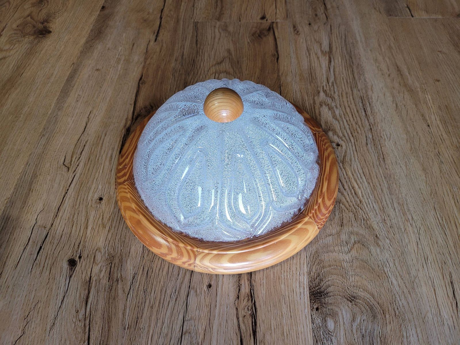 Large Vintage Rustic Lamp, Flush Mount Light, Wall Lamp, Sconce, Ceiling Light, Wooden Lamp, Frosted Glass, 80's, Country, Farmhouse Decor photo vinterior