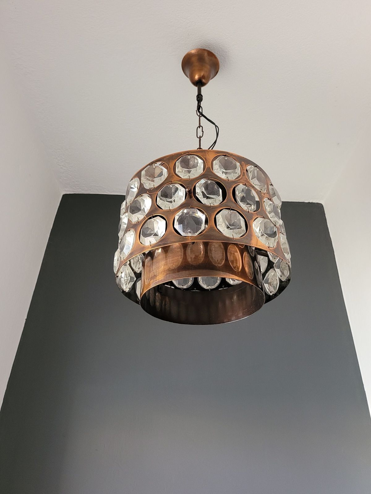 Vintage Ceiling Light, Copper & Crystal Pendant Lamp, Chandelier, Mid Century Modern Light Fixture, 70's Rustic Lamp, Retro Hanging Light photo for sale