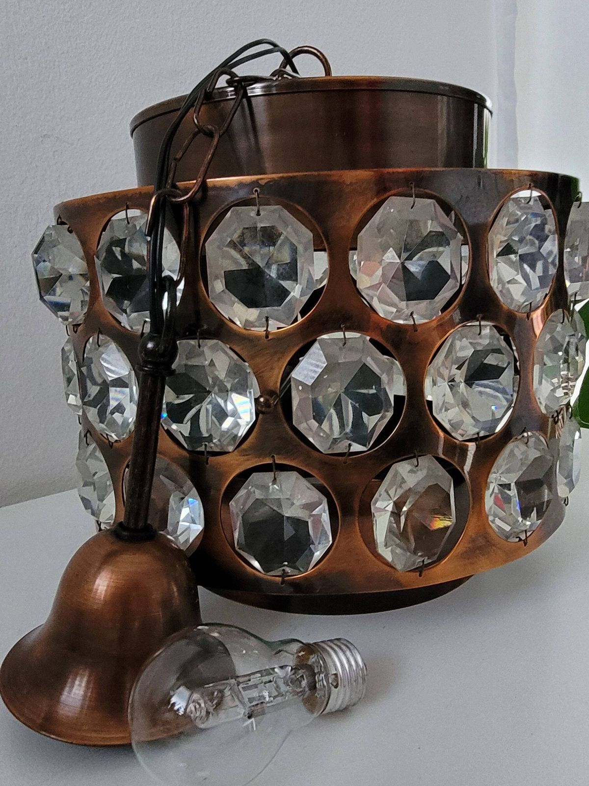 photo for sale Vintage Ceiling Light, Copper & Crystal Pendant Lamp, Chandelier, Mid Century Modern Light Fixture, 70's Rustic Lamp, Retro Hanging Light