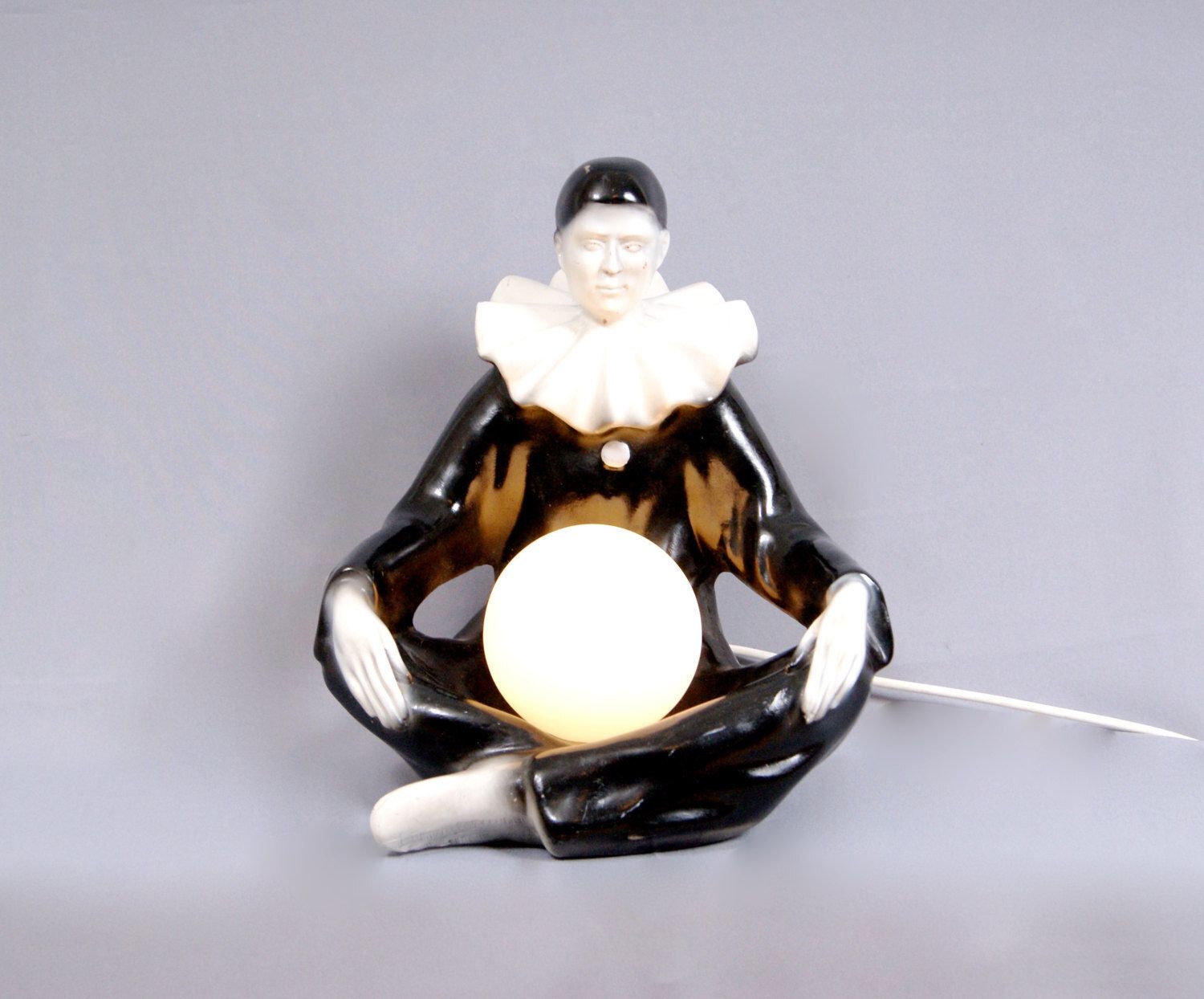 Vintage 1950s Large Pierrot Clown French Ceramic Figurine Desk Lamp Lighting With Frosted Globe Lamp