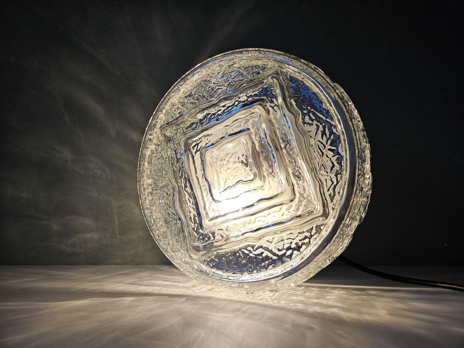 Large 9.8" Vintage Flush Mount Ceiling Light, Glass Wall Lamp, Mid Century Modern, Plafoniera, Round Glass Sconce, Greek Pattern, Yu 70's photo vintage