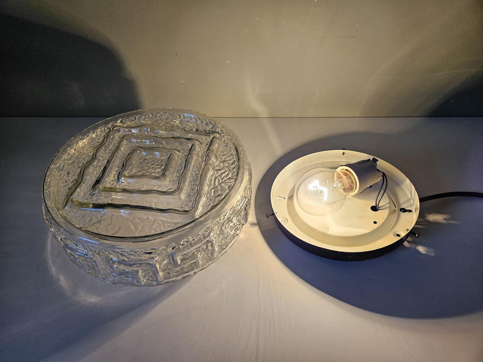 photo furniture Large 9.8" Vintage Flush Mount Ceiling Light, Glass Wall Lamp, Mid Century Modern, Plafoniera, Round Glass Sconce, Greek Pattern, Yu 70's