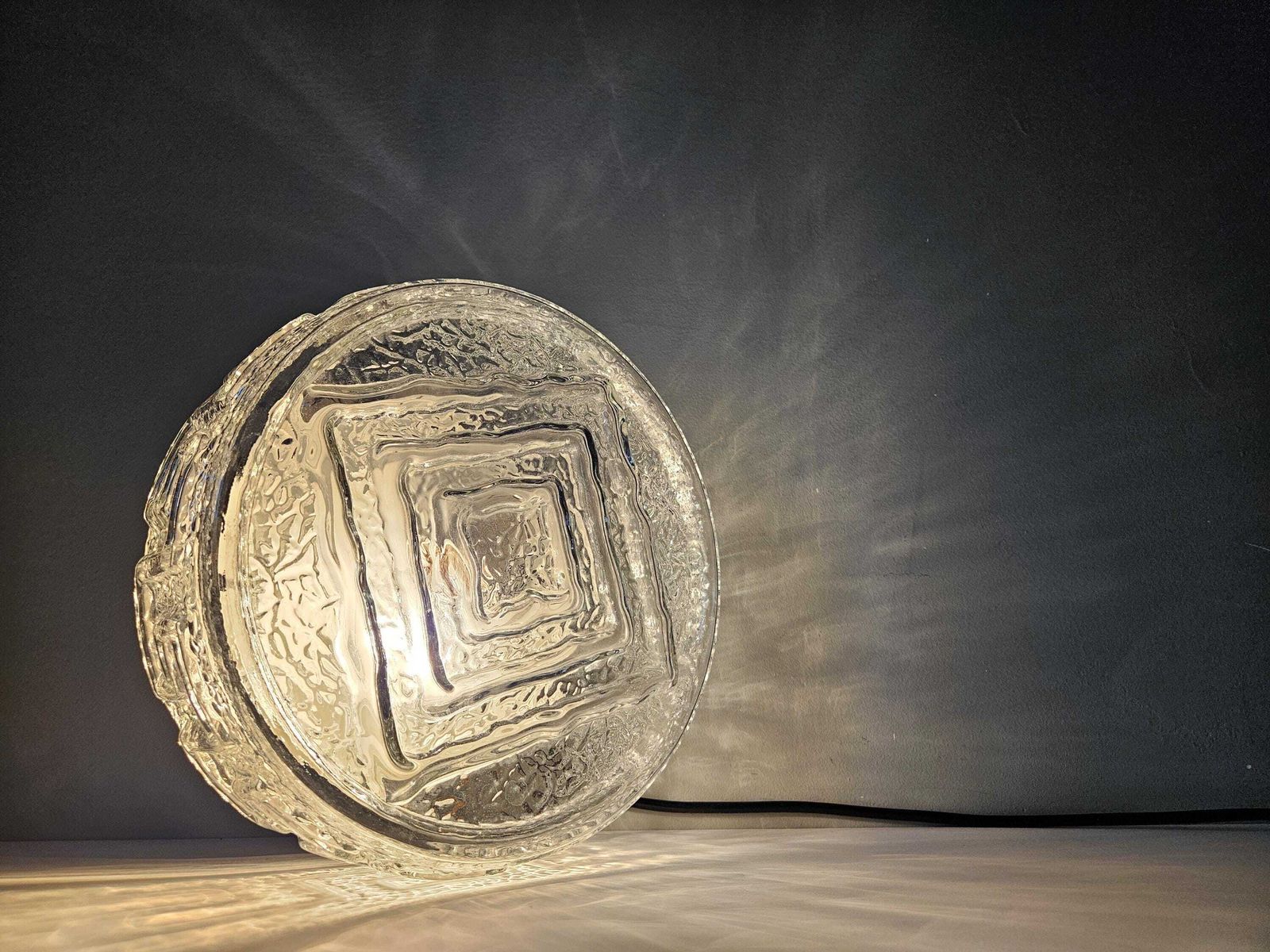 photo for sale Large 9.8" Vintage Flush Mount Ceiling Light, Glass Wall Lamp, Mid Century Modern, Plafoniera, Round Glass Sconce, Greek Pattern, Yu 70's