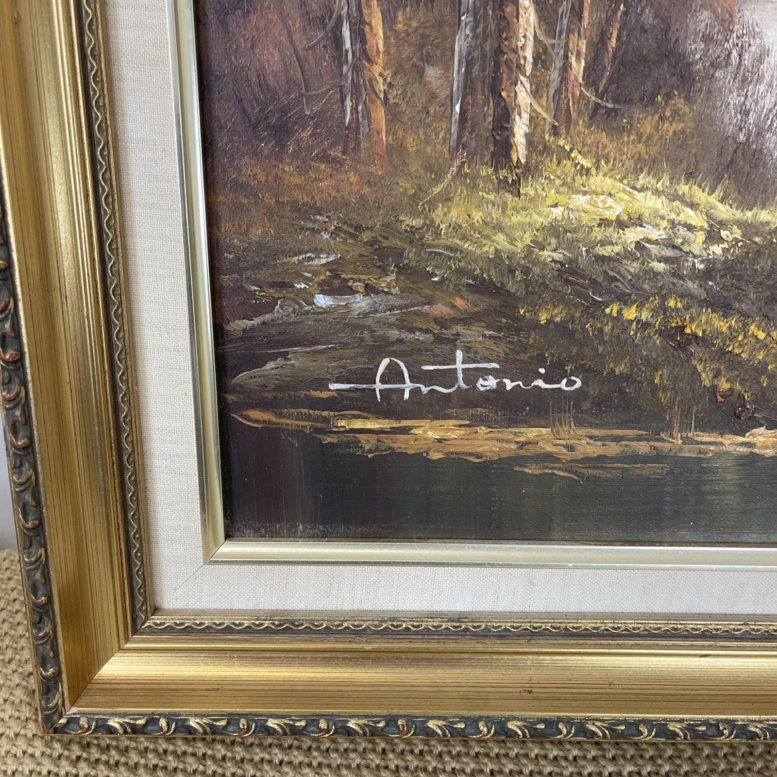 Oil Painting Signed Antonio Vintage Gold Frame Huge 103cm X 75cm Mountains Lake photo furniture