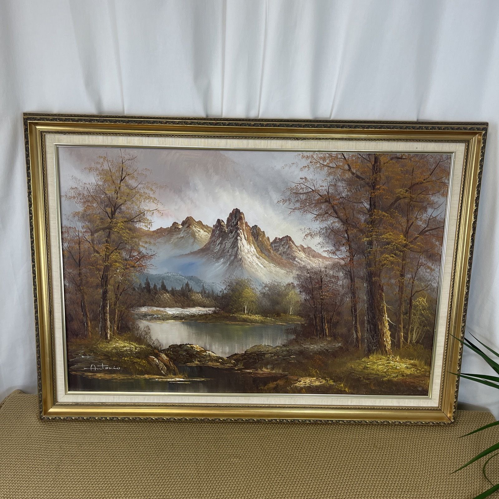 Oil Painting Signed Antonio Vintage Gold Frame Huge 103cm X 75cm Mountains Lake photo Art