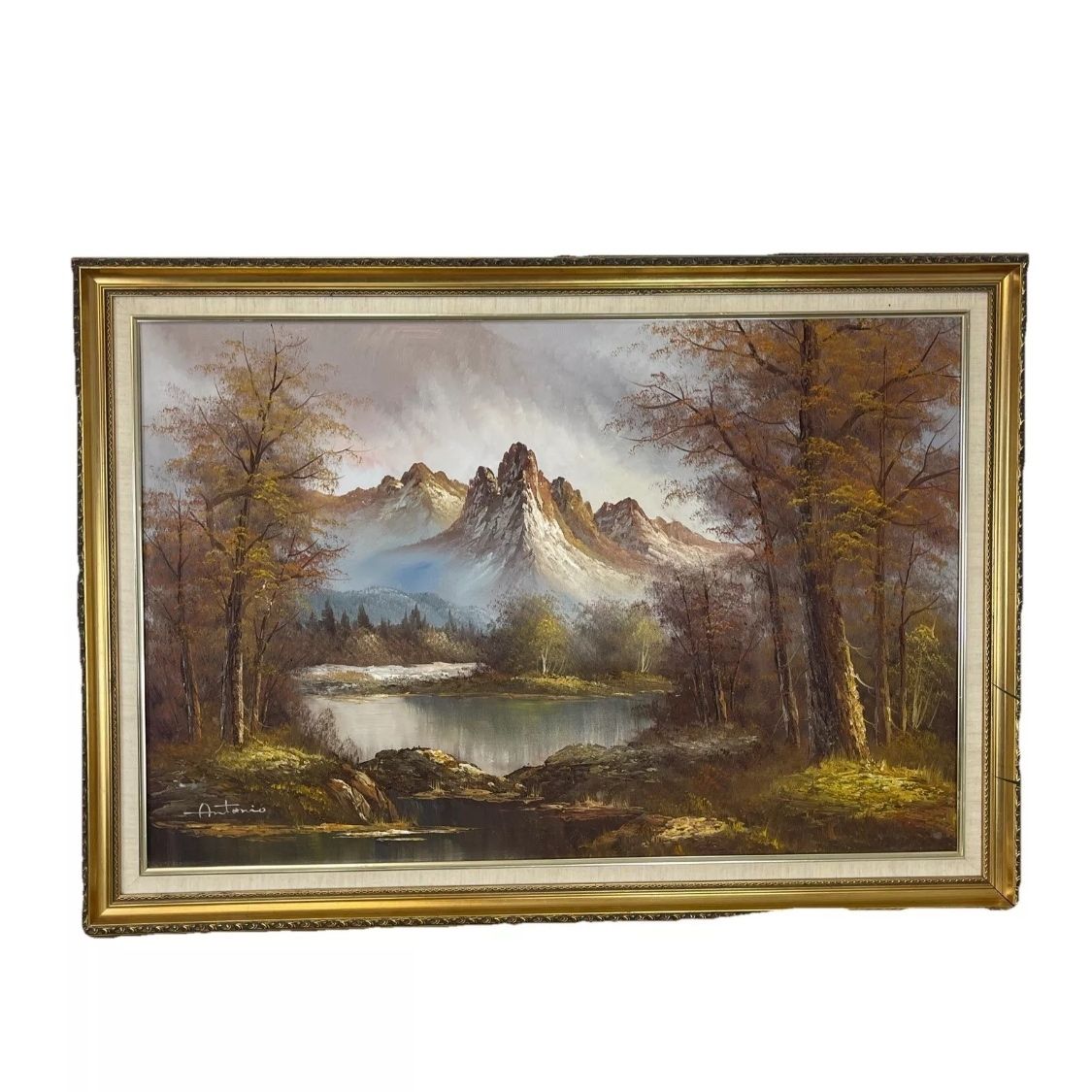 Oil Painting Signed Antonio Vintage Gold Frame Huge 103cm X 75cm Mountains Lake