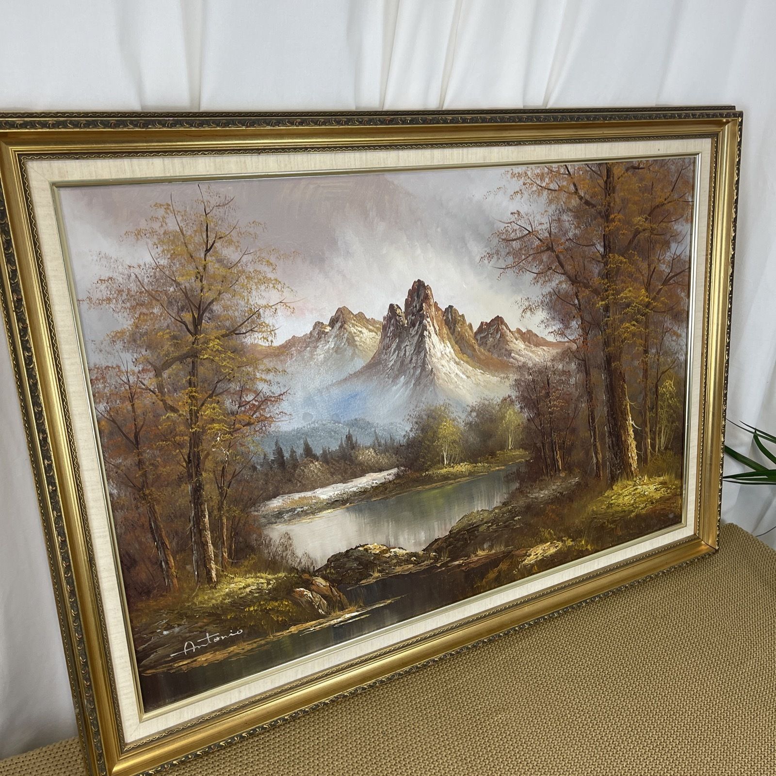 Oil Painting Signed Antonio Vintage Gold Frame Huge 103cm X 75cm Mountains Lake photo 300.0