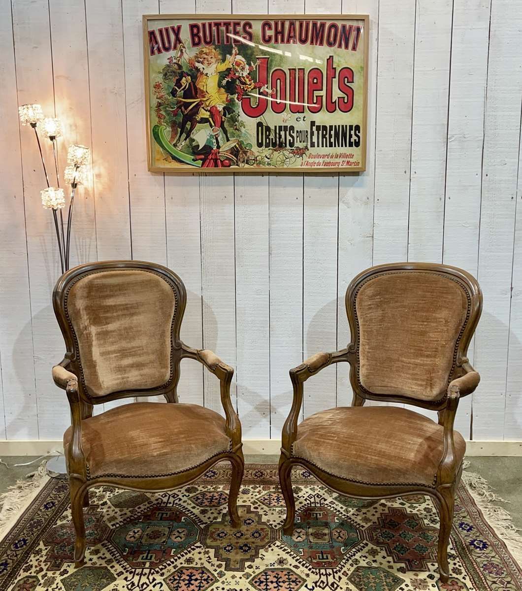 Pair Of Louis XV Style Armchairs In 20th Century Beech