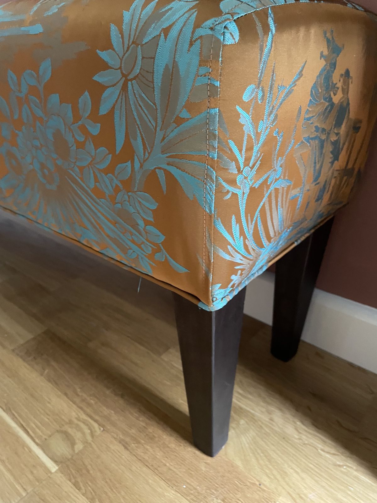 Unique Designer Bench Seat In Gorgeous Oriental Teal & Bronze Silk photo for sale