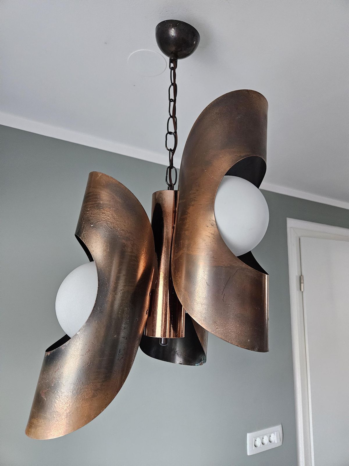 Mid Century Modern Light Fixture, Yugoslavia 70's, Brutalist Chandelier, Copper Pendant Light, Cascade Lamp, Space Age Lamp photo 437.0