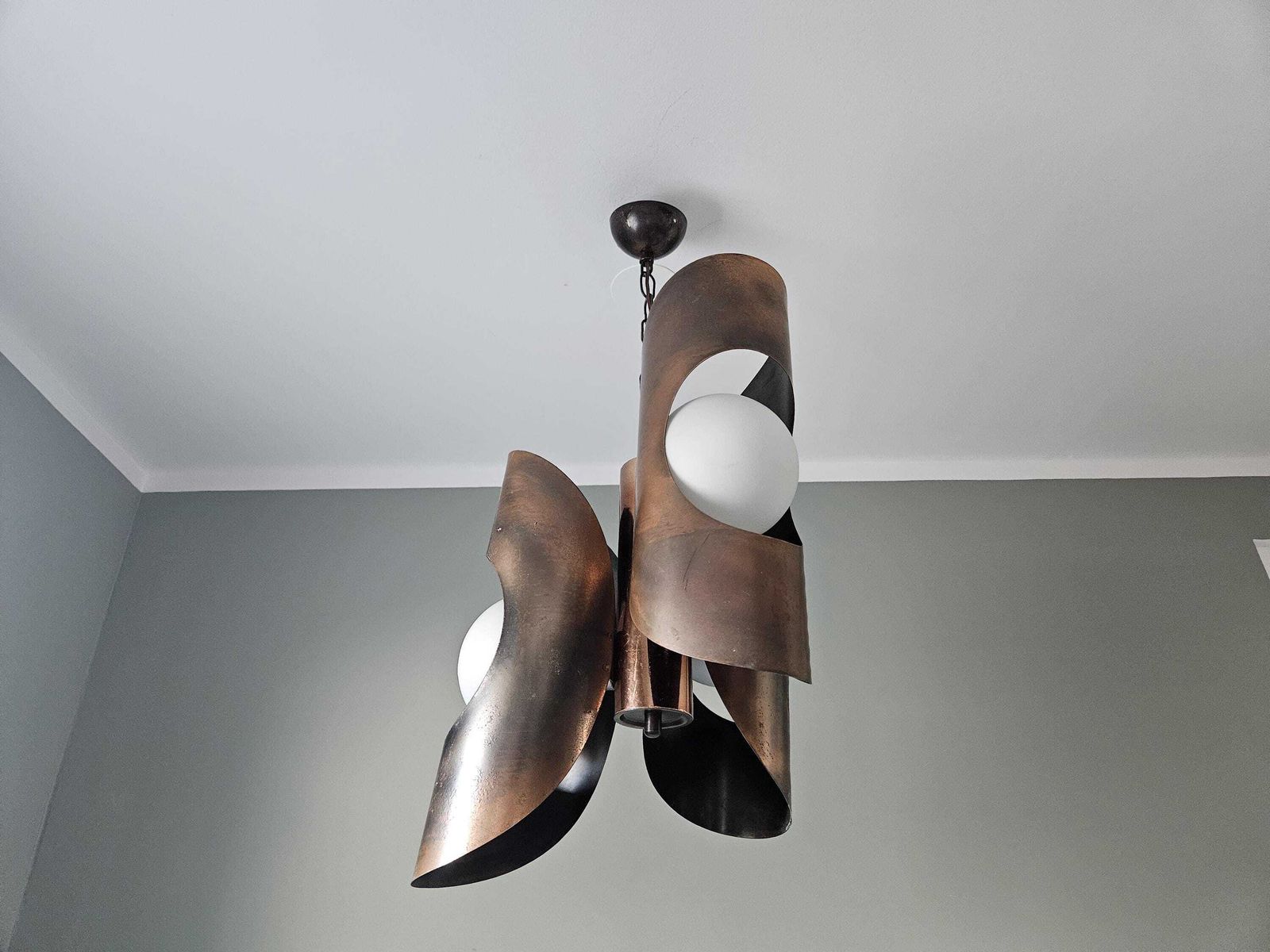 Mid Century Modern Light Fixture, Yugoslavia 70's, Brutalist Chandelier, Copper Pendant Light, Cascade Lamp, Space Age Lamp photo vinterior