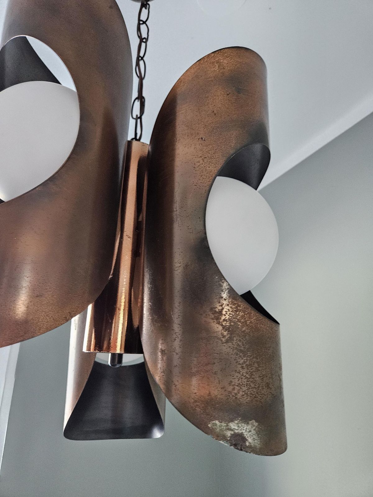 Mid Century Modern Light Fixture, Yugoslavia 70's, Brutalist Chandelier, Copper Pendant Light, Cascade Lamp, Space Age Lamp photo buy