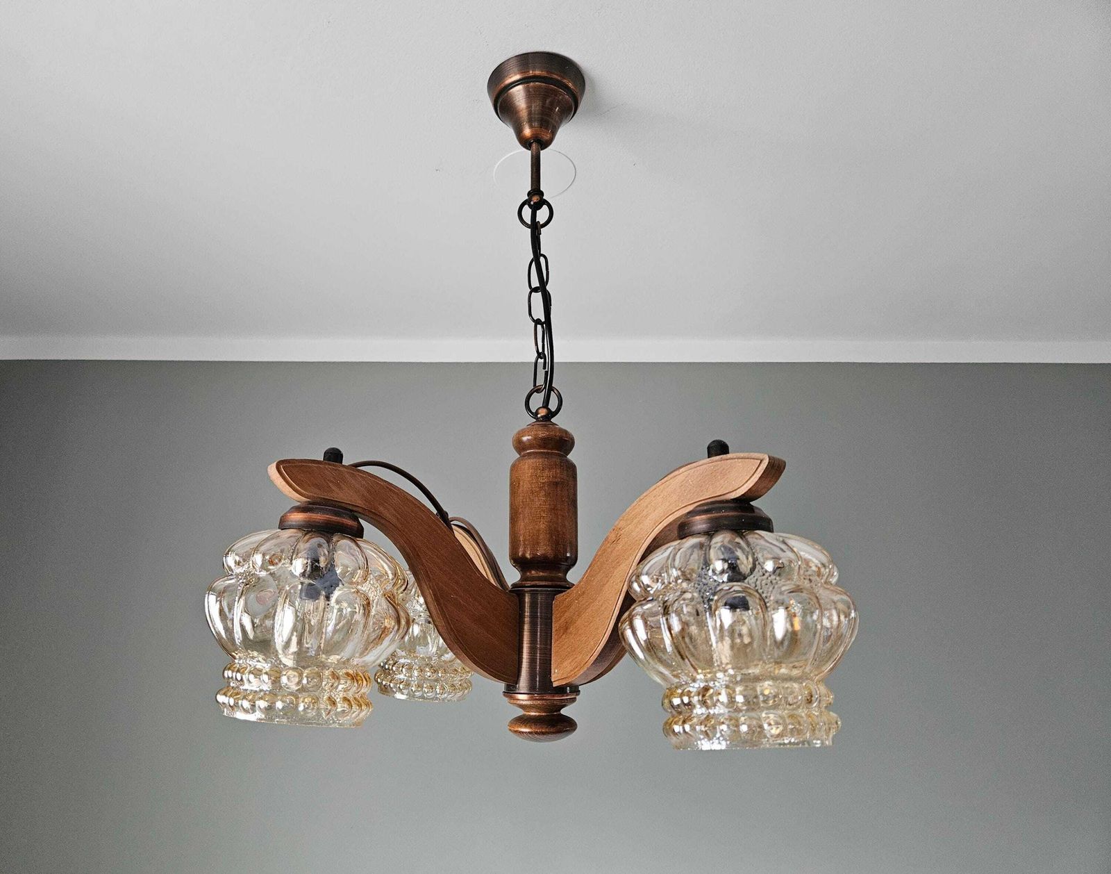 Vintage Chandelier, Wood Glass Copper Lamp, Pendant Light, Mcm Ceiling Lamp, 70s, Wooden Chandelier, Light Fixture, Mid Century Modern