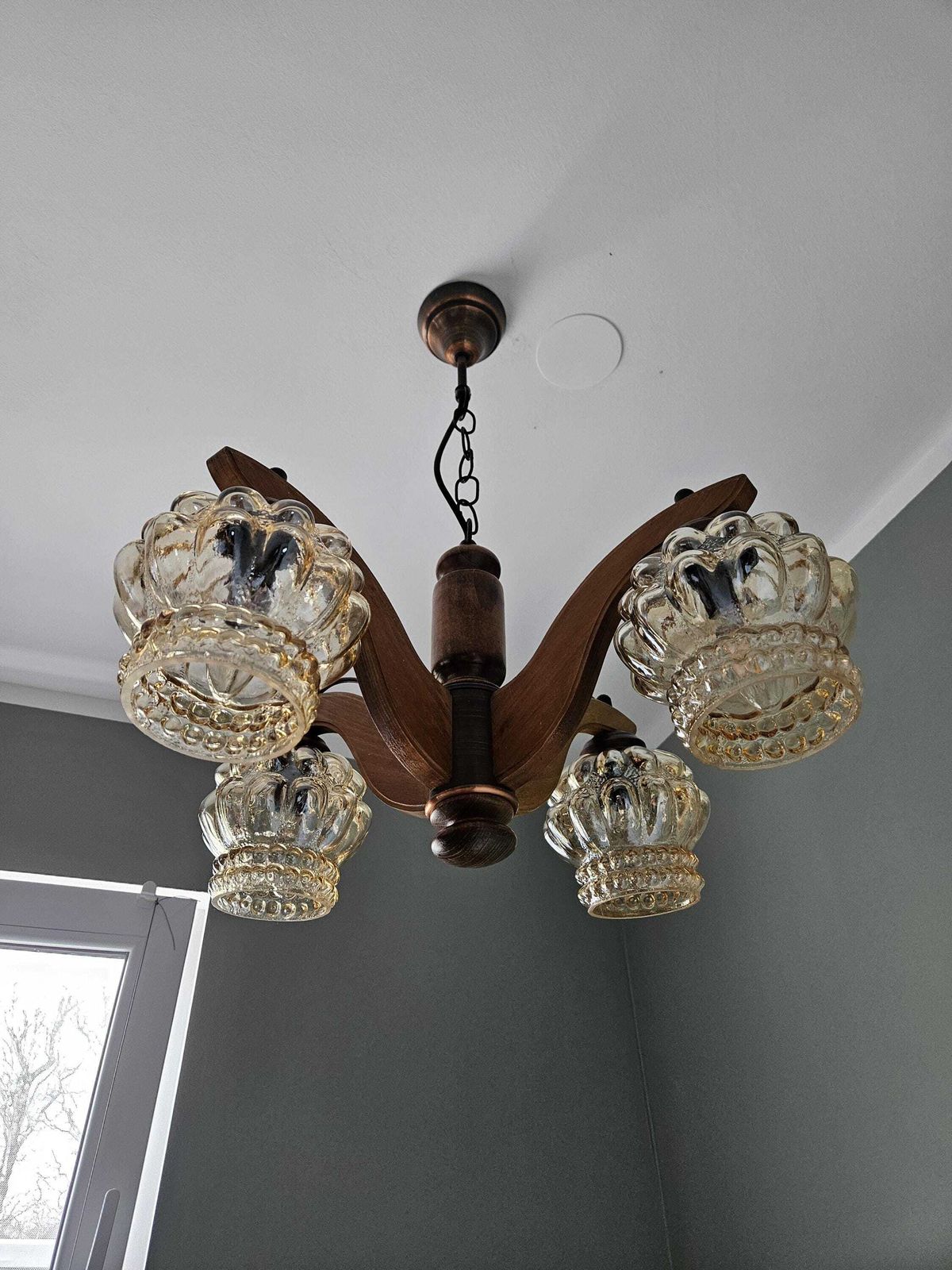 Vintage Chandelier, Wood Glass Copper Lamp, Pendant Light, Mcm Ceiling Lamp, 70s, Wooden Chandelier, Light Fixture, Mid Century Modern photo furniture