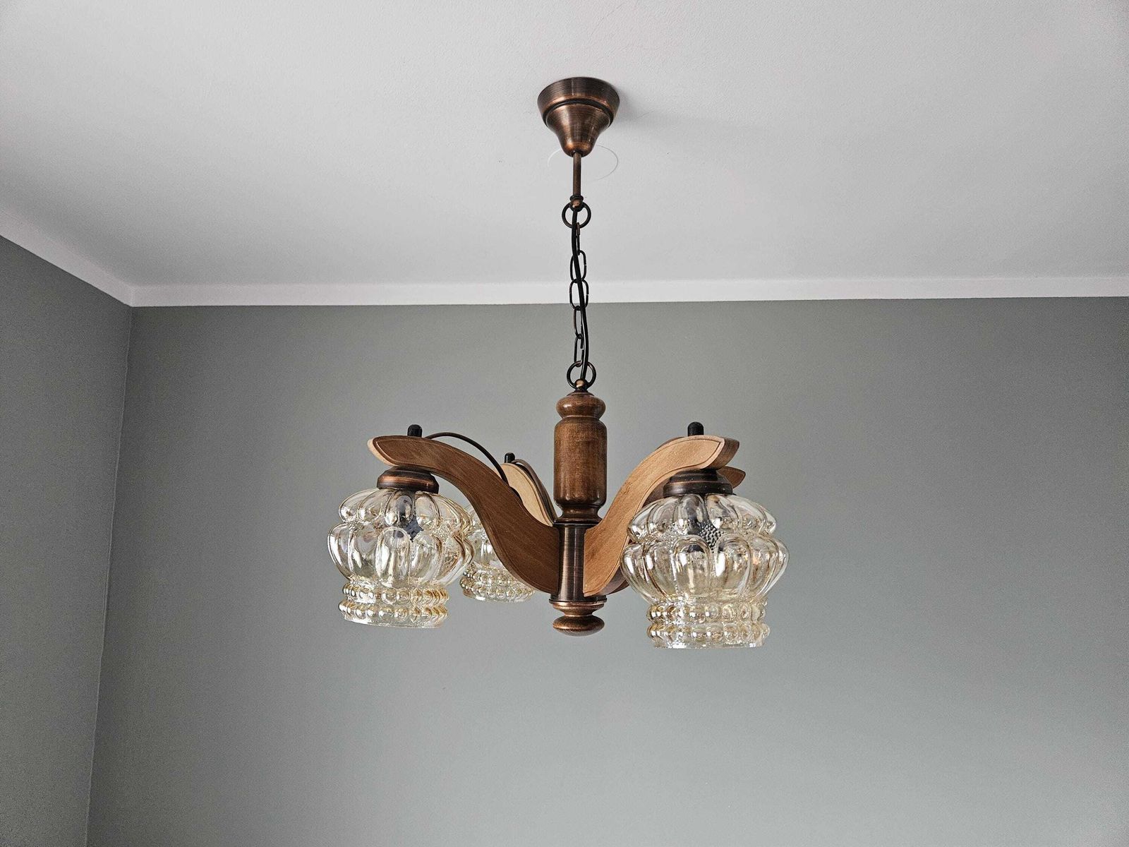Vintage Chandelier, Wood Glass Copper Lamp, Pendant Light, Mcm Ceiling Lamp, 70s, Wooden Chandelier, Light Fixture, Mid Century Modern photo for sale