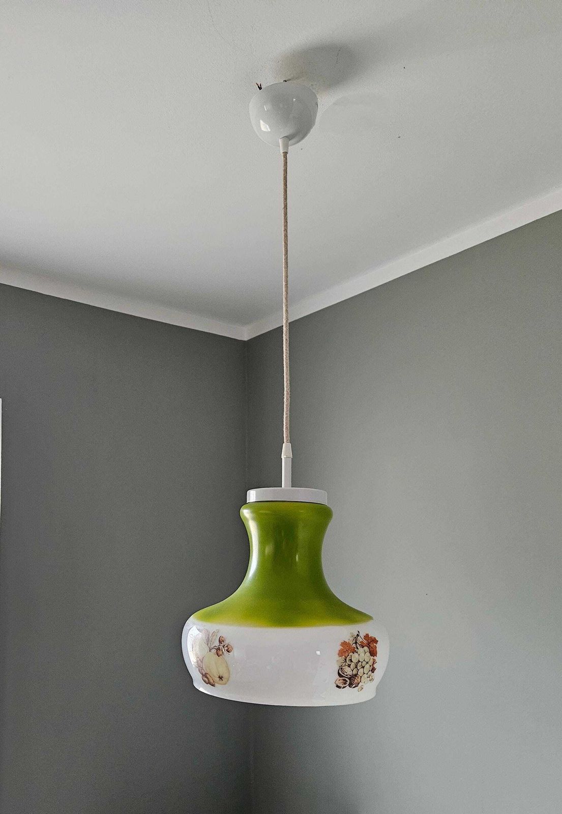 Vintage Farmhouse Pendant Light, Glass Ceiling Lamp, Green Hanging Lamp, 70's Country House Kitchen Lamp, Retro Lighting, Vintage Lighting photo for sale