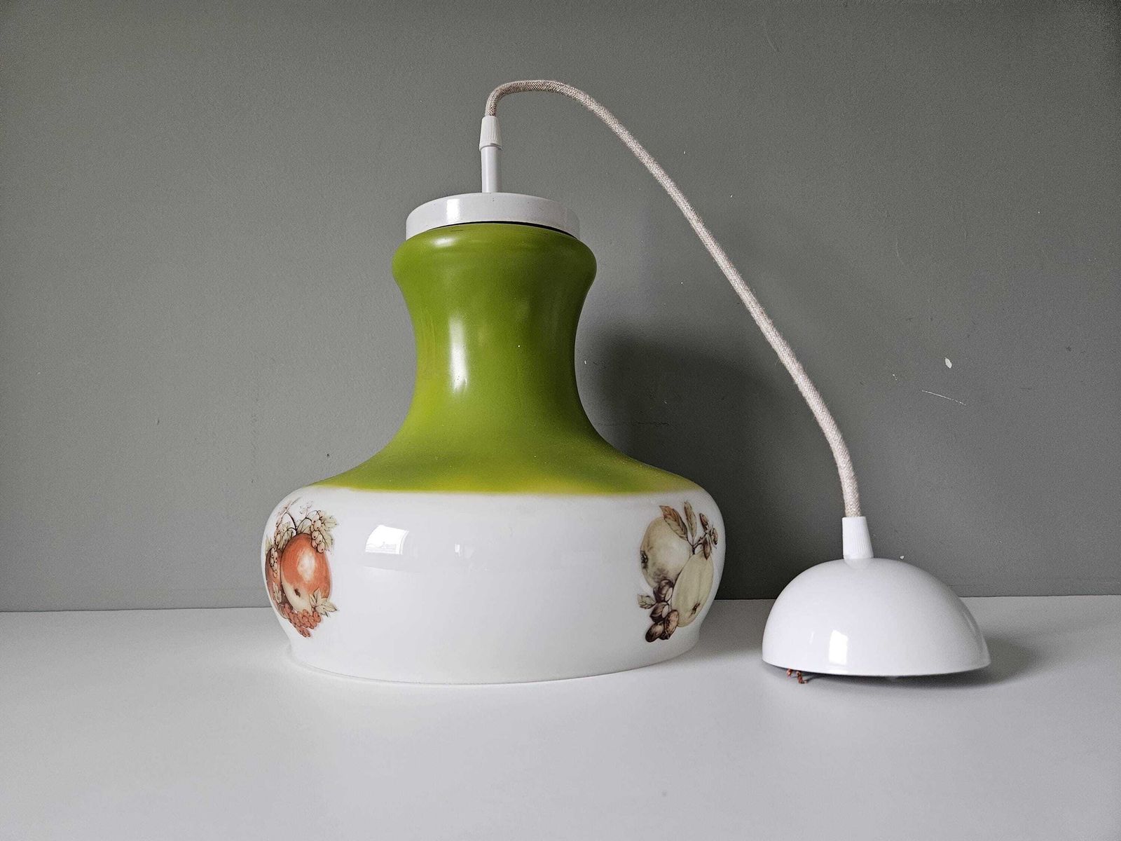 Vintage Farmhouse Pendant Light, Glass Ceiling Lamp, Green Hanging Lamp, 70's Country House Kitchen Lamp, Retro Lighting, Vintage Lighting photo Lighting