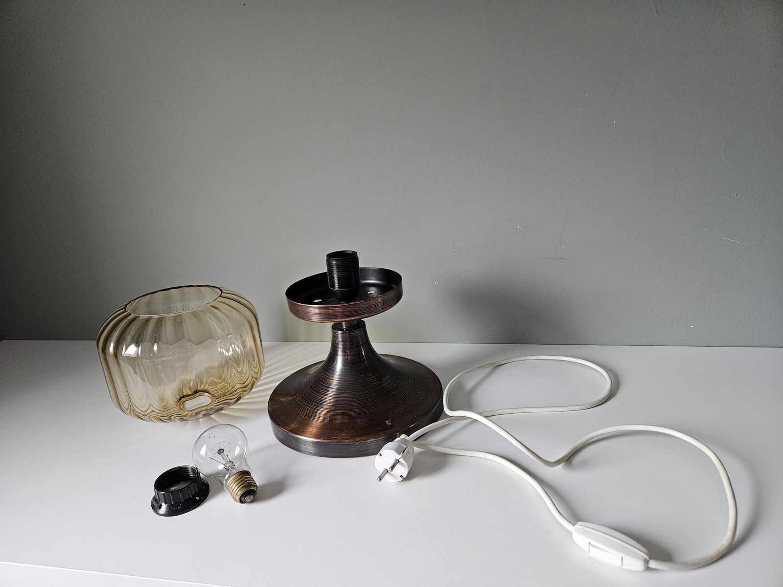 Gorgeous Large Vintage Table Lamp, Copper And Amber Glass Table Lamp, Bedside Light, Side Lamp, Mid Century Modern Lamp, Mcm Desk Lamp, 70's photo for sale