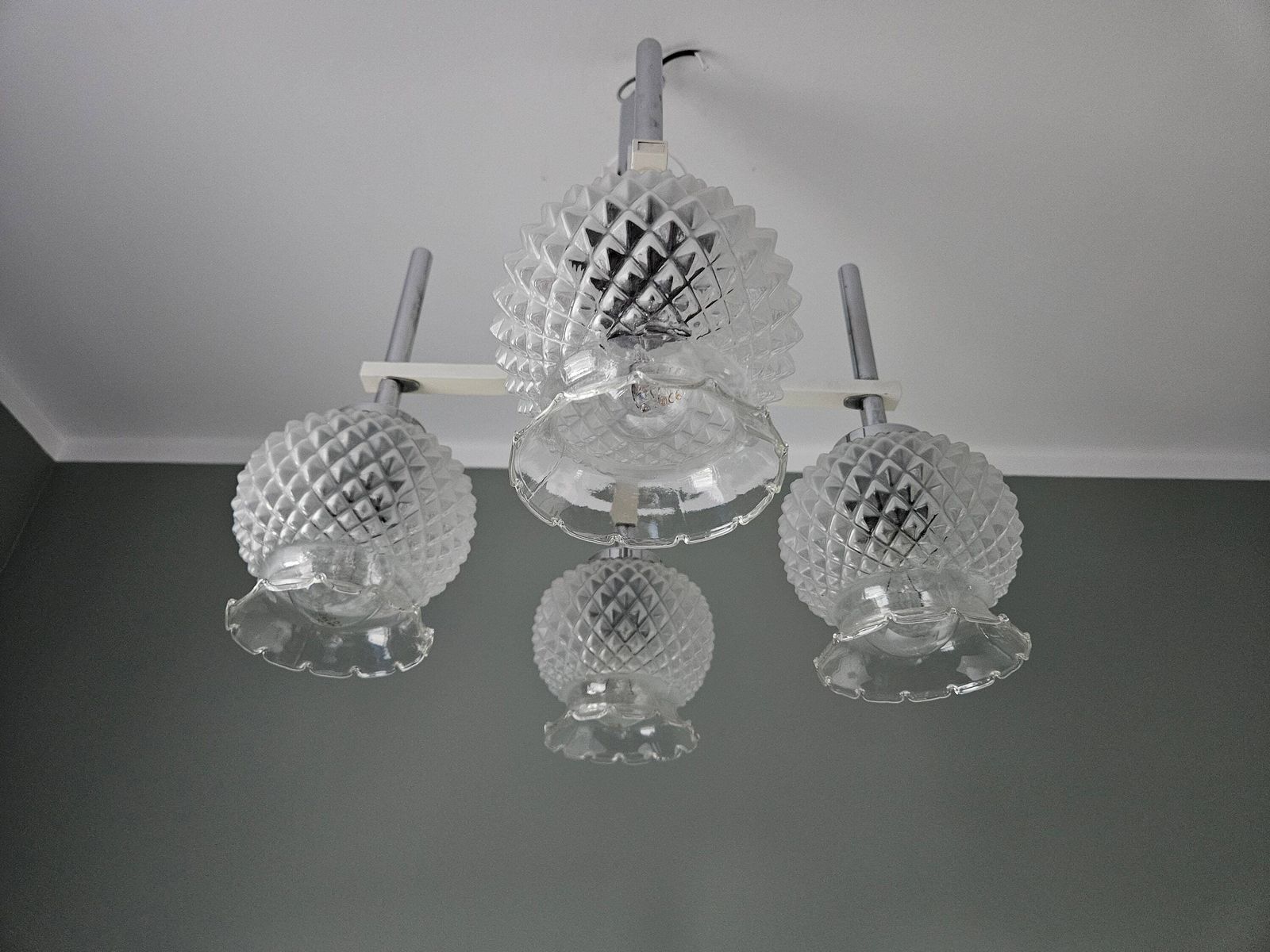 Vintage White Chandelier, Pendant Light, Mid Century Modern Lamp, Pineapple Glass Lampshades, Mcm Light Fixture, Chandelier, Ceiling Lamp photo vinterior