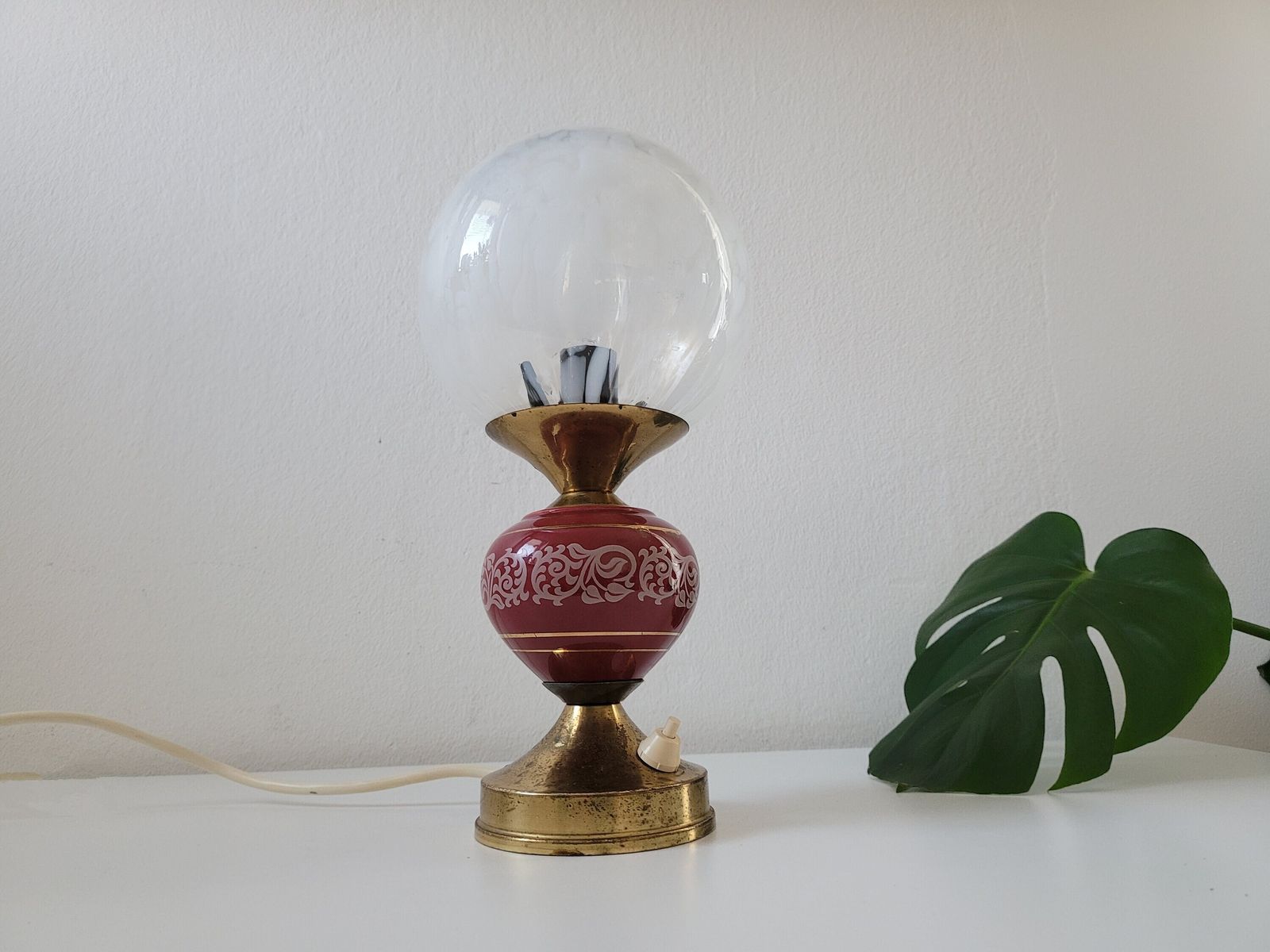 Charming Vintage Bedside Lamp, Red Table Lamp, Glass Globe Lamp, Ceramic Lamp, Vintage Lamp, Nightstand Light, Magic Ball, Brass Table Lamp