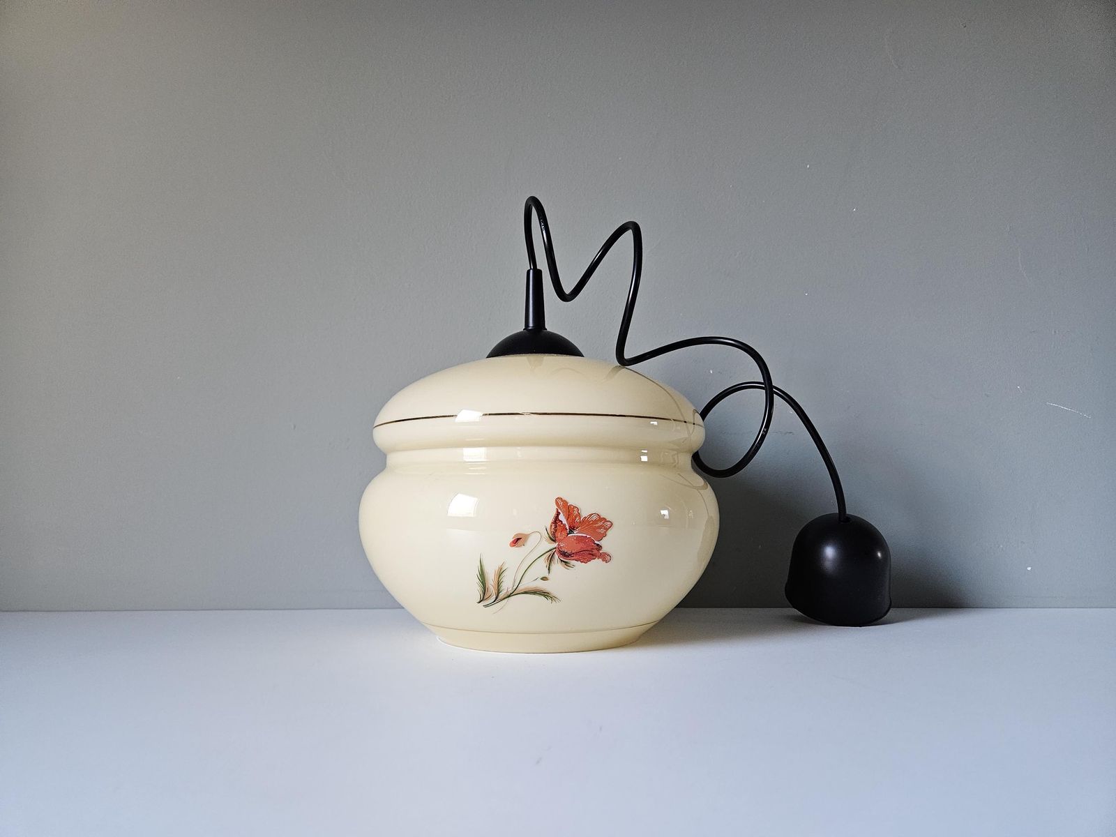 Vintage Pendant Light, Light Yellow Glass Ceiling Light, Hanging Lamp, Yugoslavia 70's, Mid Century Modern, Poppy Flower photo buy