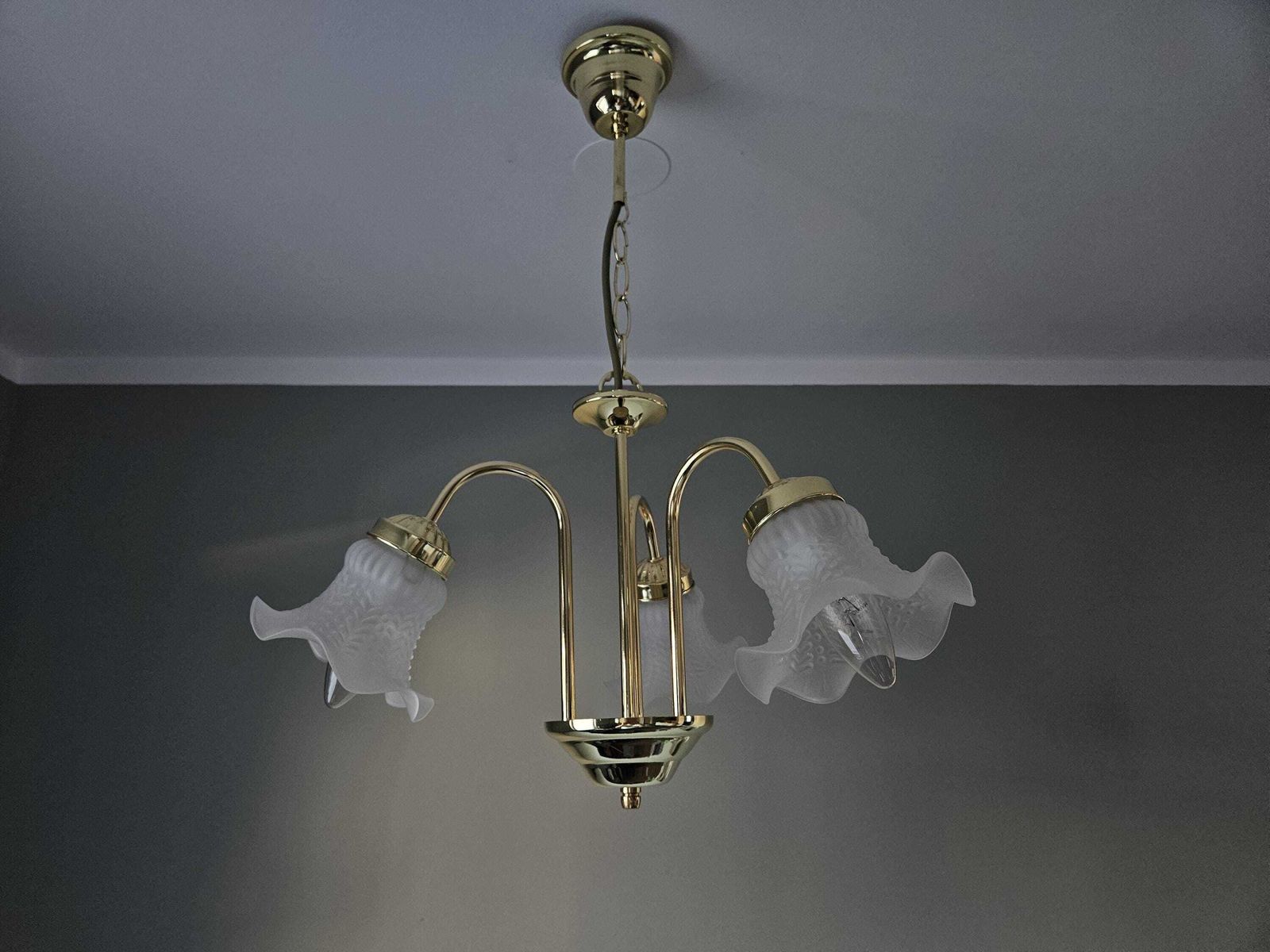 Vintage Chandelier, Brass Chandelier With Frosted Glass Tulip Lampshades, Pendant Lamp, Gold Light Fixture, Hollywood Reegency Style