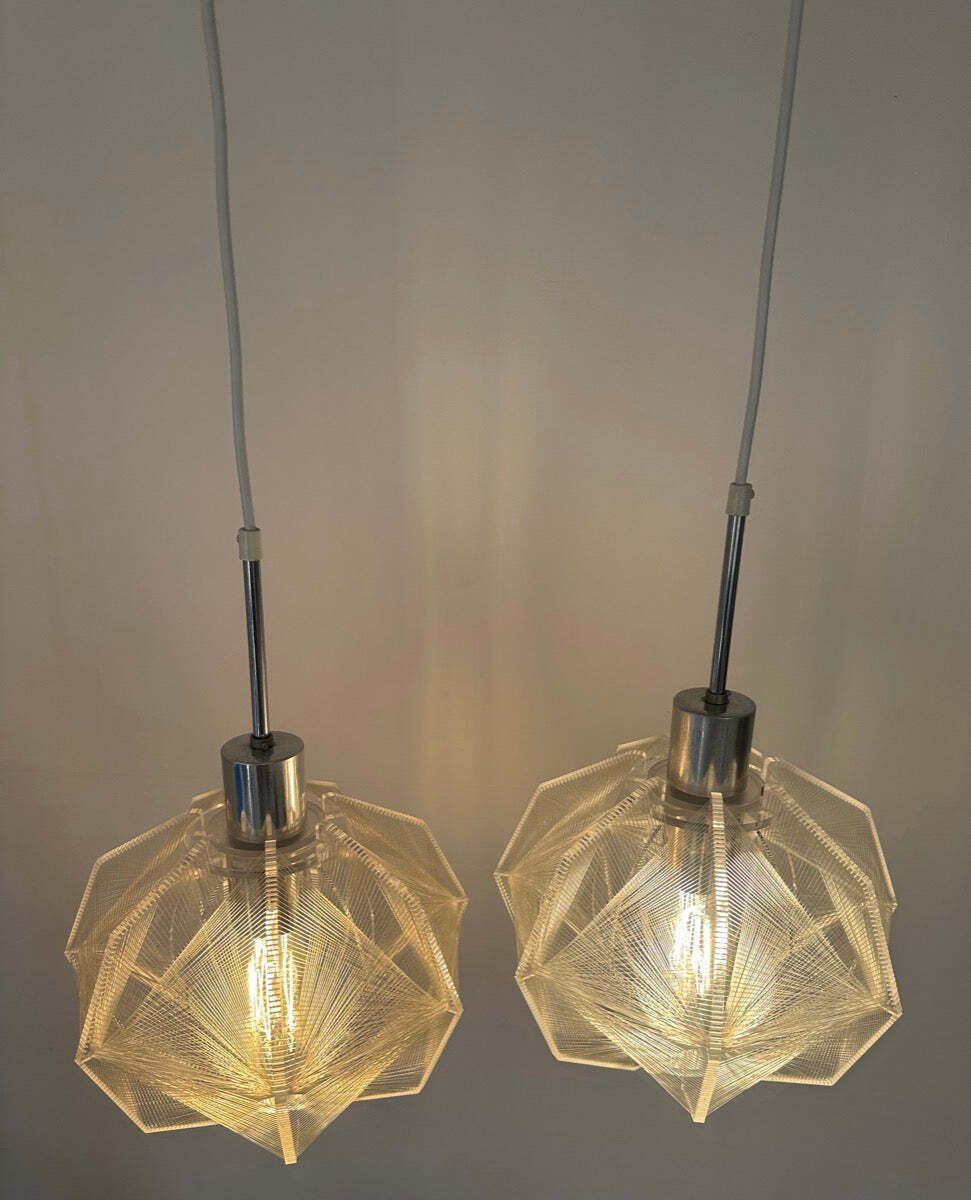 photo for sale Pair Of 1970s Space Age Sompex Nylon And Perspex Pendant Hanging Lights By French Designer Paul Secon