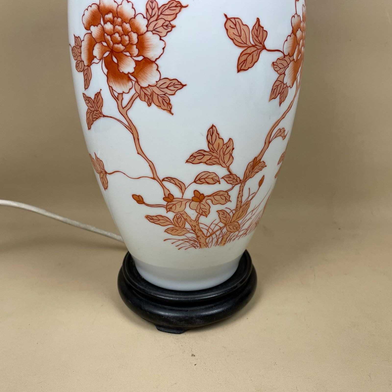 Vintage Ceramic Lamp Light Bedside Table Hand Painted Floral Design Pattern Wood Base Oriental Chinese Vase White Orange Antique Brass photo buy