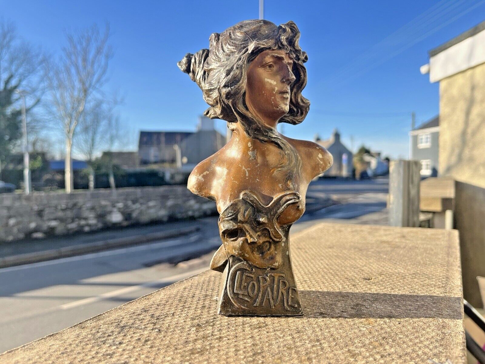 French Art Nouveau Bronzed Spelter Cleopatra Cleopatre Bust Statue Desk Ornament photo for sale