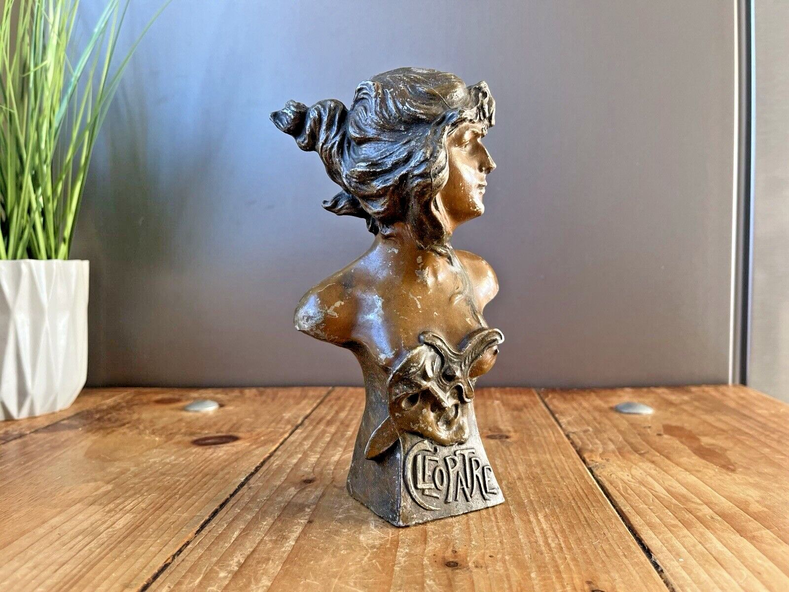French Art Nouveau Bronzed Spelter Cleopatra Cleopatre Bust Statue Desk Ornament photo vintage