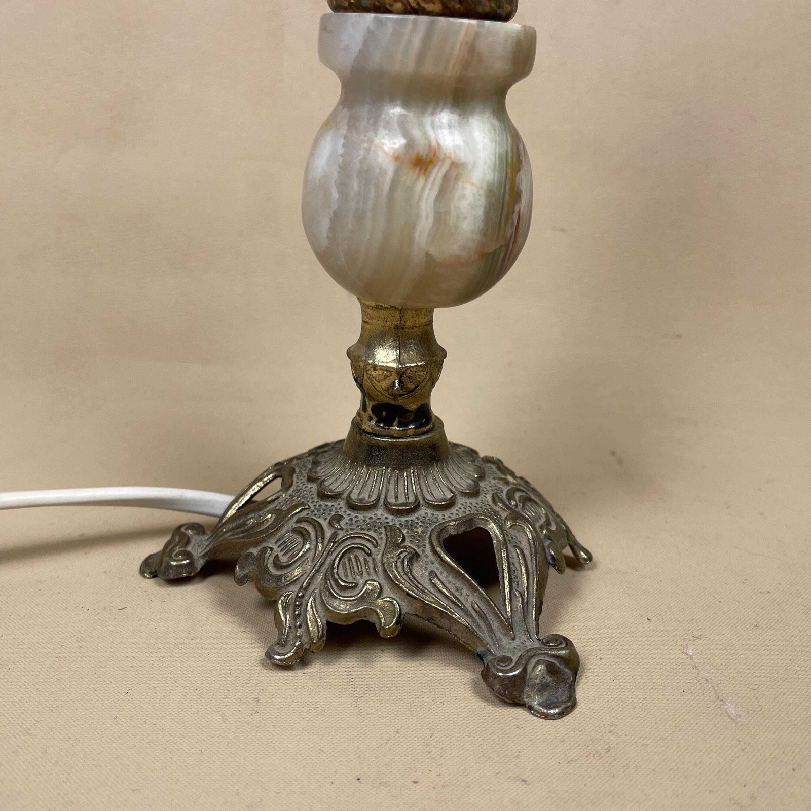 Antique Onyx Marble Lamp Light Brass Gold Metal Bedside Side Table Desk Marbled Patterned Vintage Pattern Stone Ornate White Round photo Lighting