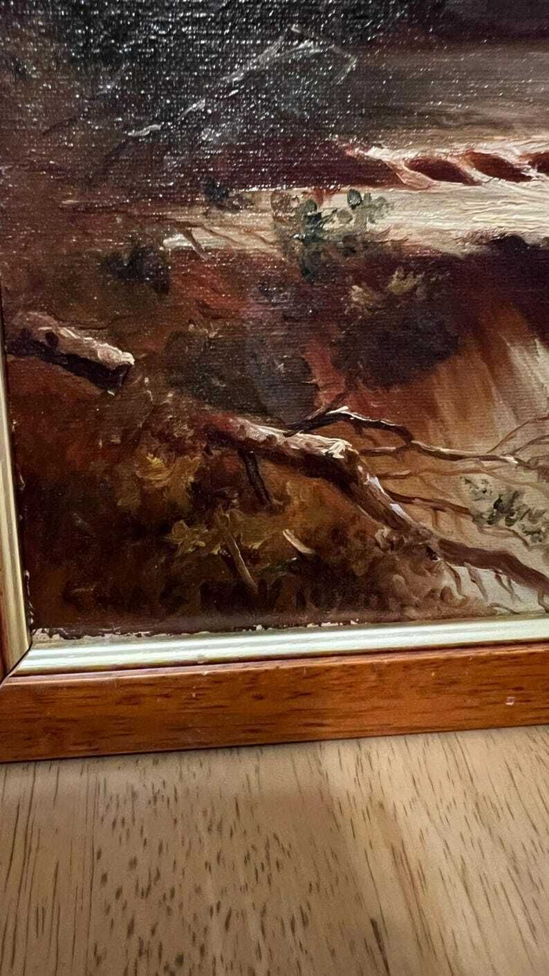1920 Oil Painting By Charles Wray – Dramatic Landscape With River & Falls photo furniture