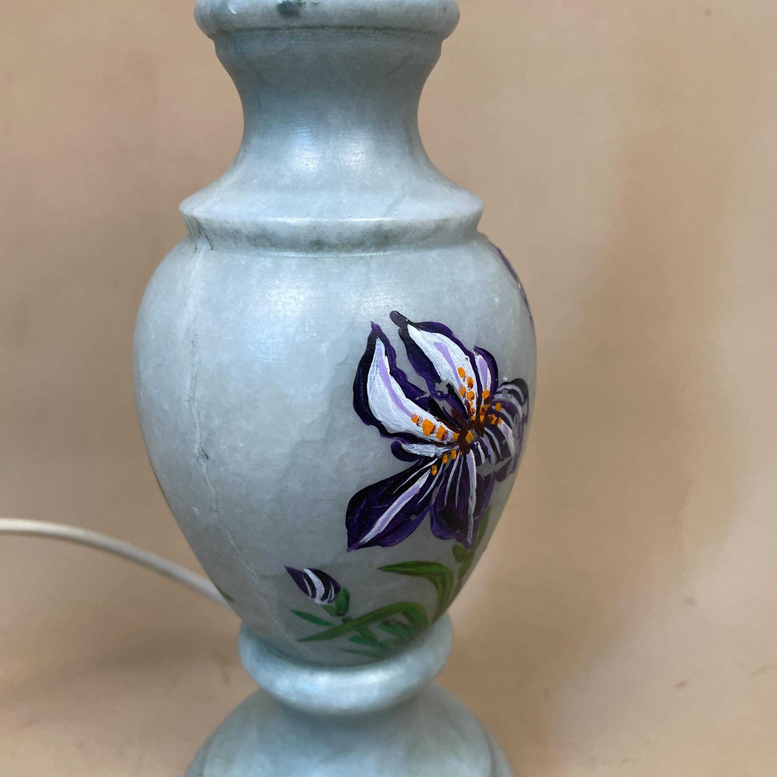 Antique Onyx Marble Lamp Light Bedside Side Table Desk Marbled Patterned Vintage Stone Ornate Round Hand Painted Floral Pattern Blue Purple photo Lighting