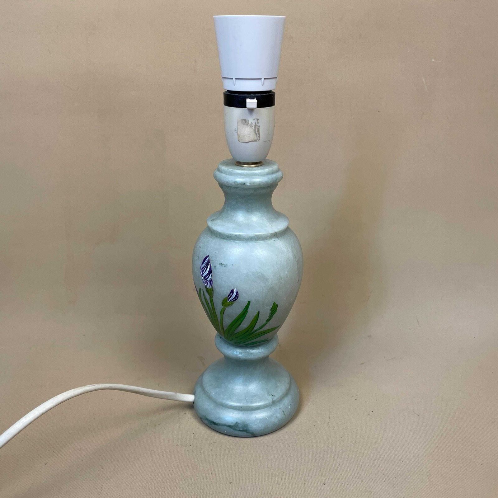 Antique Onyx Marble Lamp Light Bedside Side Table Desk Marbled Patterned Vintage Stone Ornate Round Hand Painted Floral Pattern Blue Purple photo vinterior