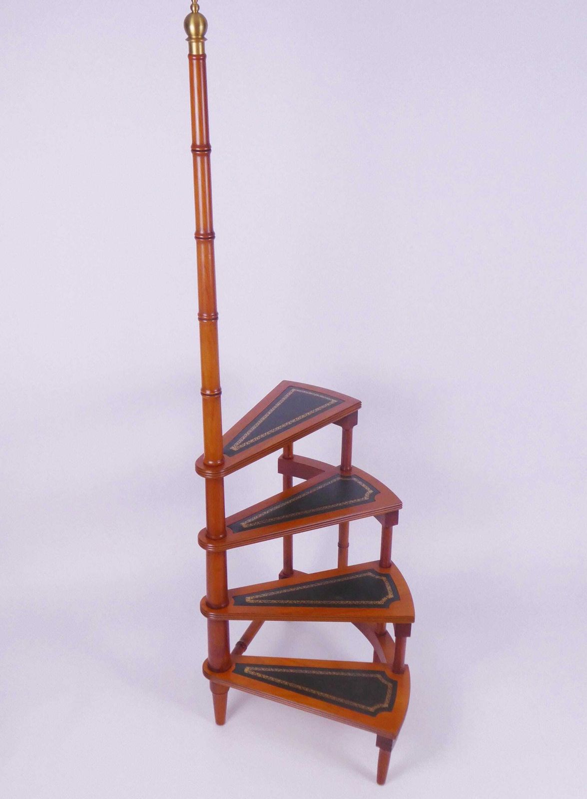 Vintage Large Victorian Style Library Steps With Green Leather, 50's Spiral Bookcase Ladder, Semicircular Steps With Brass Knob photo furniture