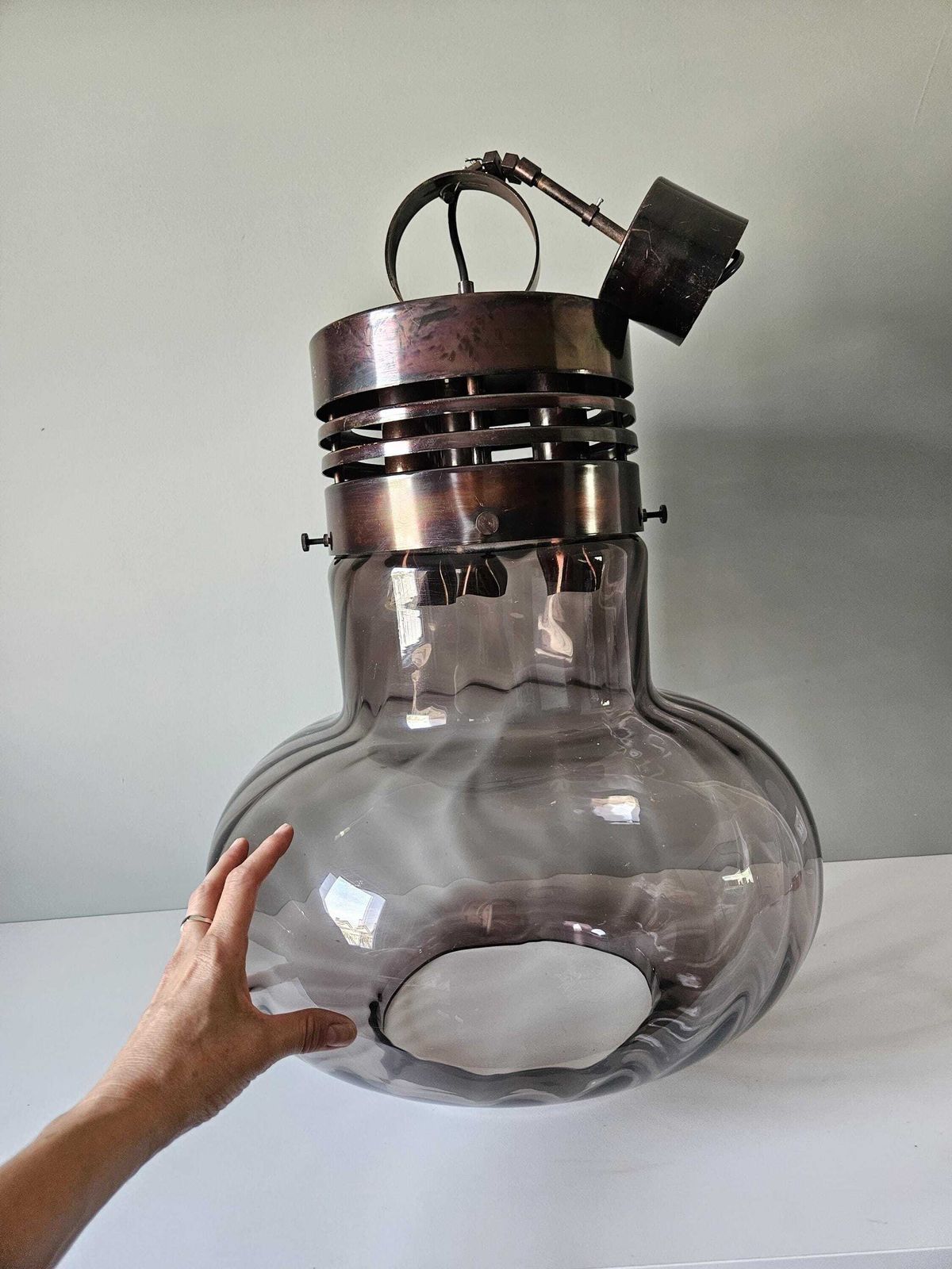 Xxl Vintage Chandelier, Copper Light Fixture, Yugoslavia 70's, Glass And Copper Ceiling Lamp, Mid Century Modern Pendant Light, Mcm photo vinterior
