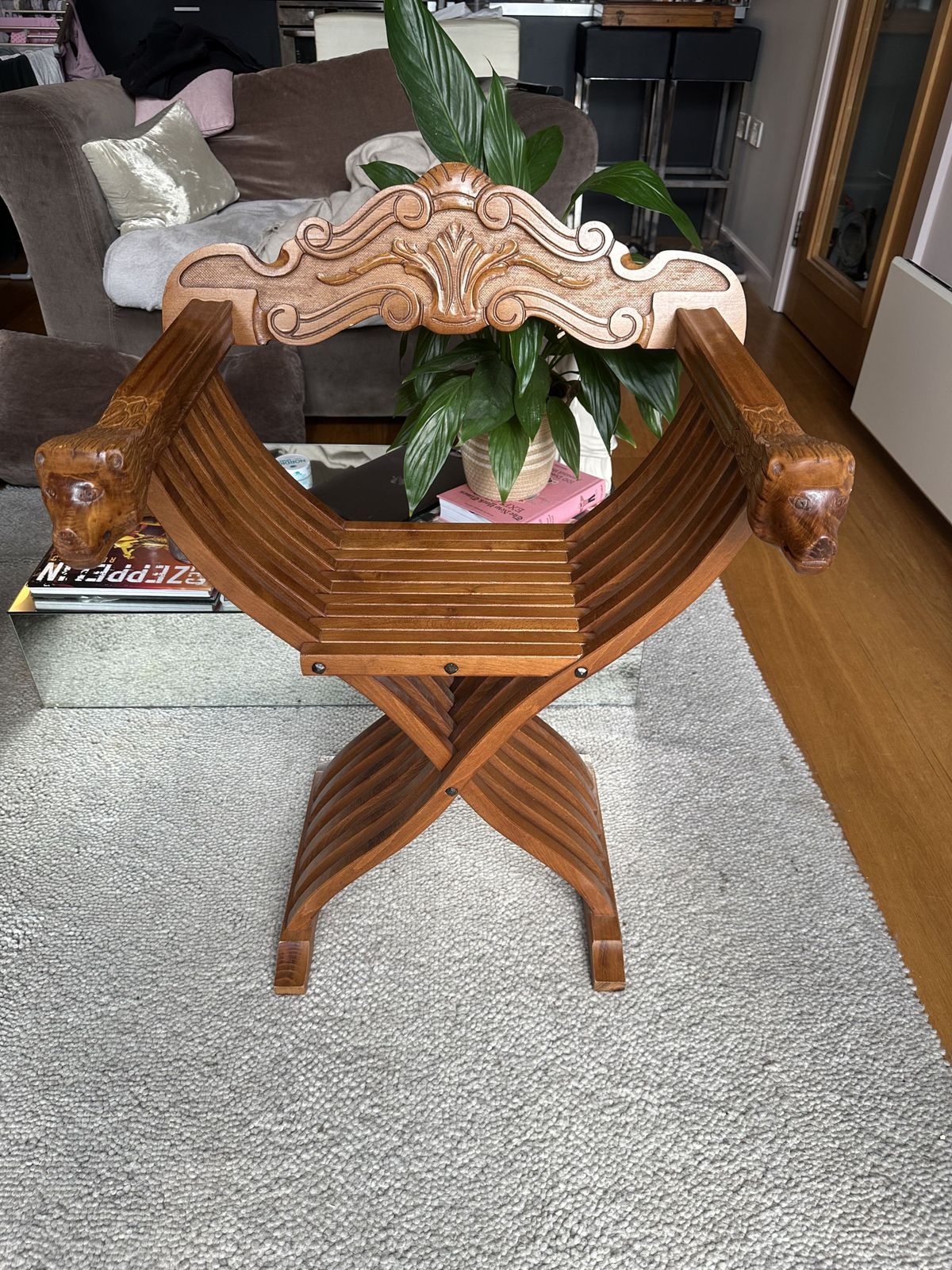 Antique Italian X Frame Chair | Hand Carved Wooden Throne Seat photo furniture
