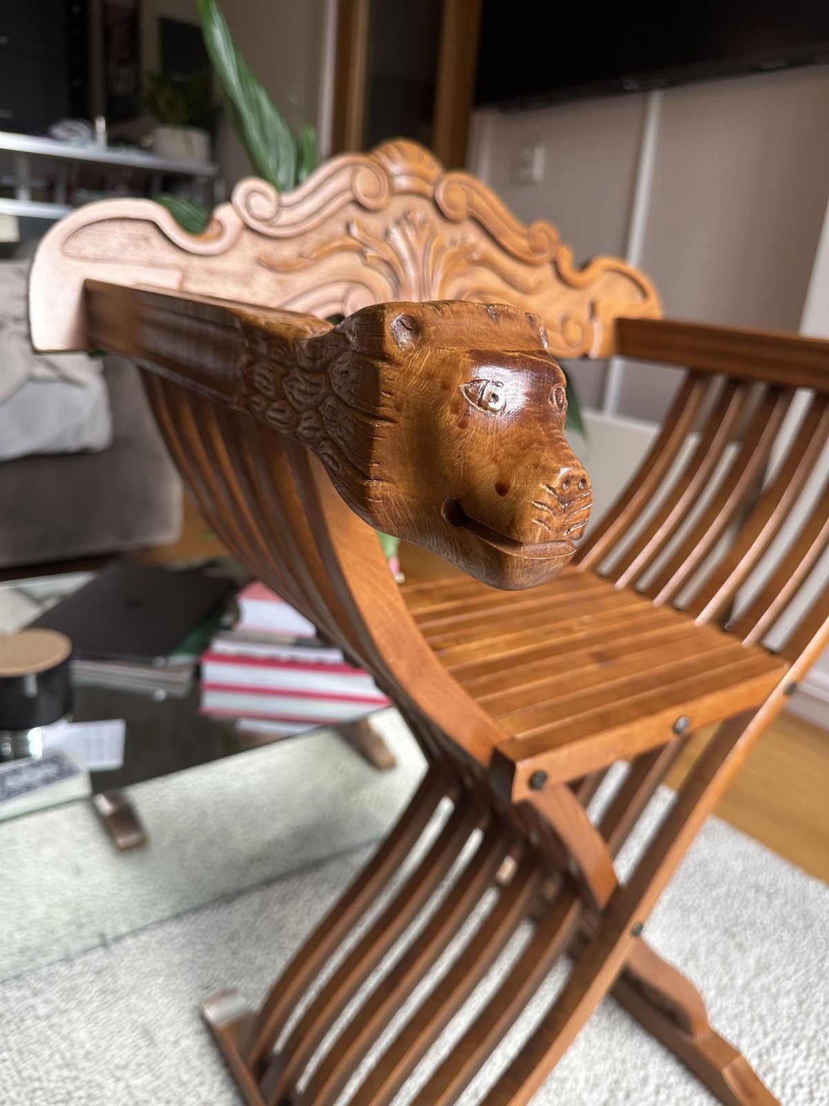 Antique Italian X Frame Chair | Hand Carved Wooden Throne Seat photo for sale
