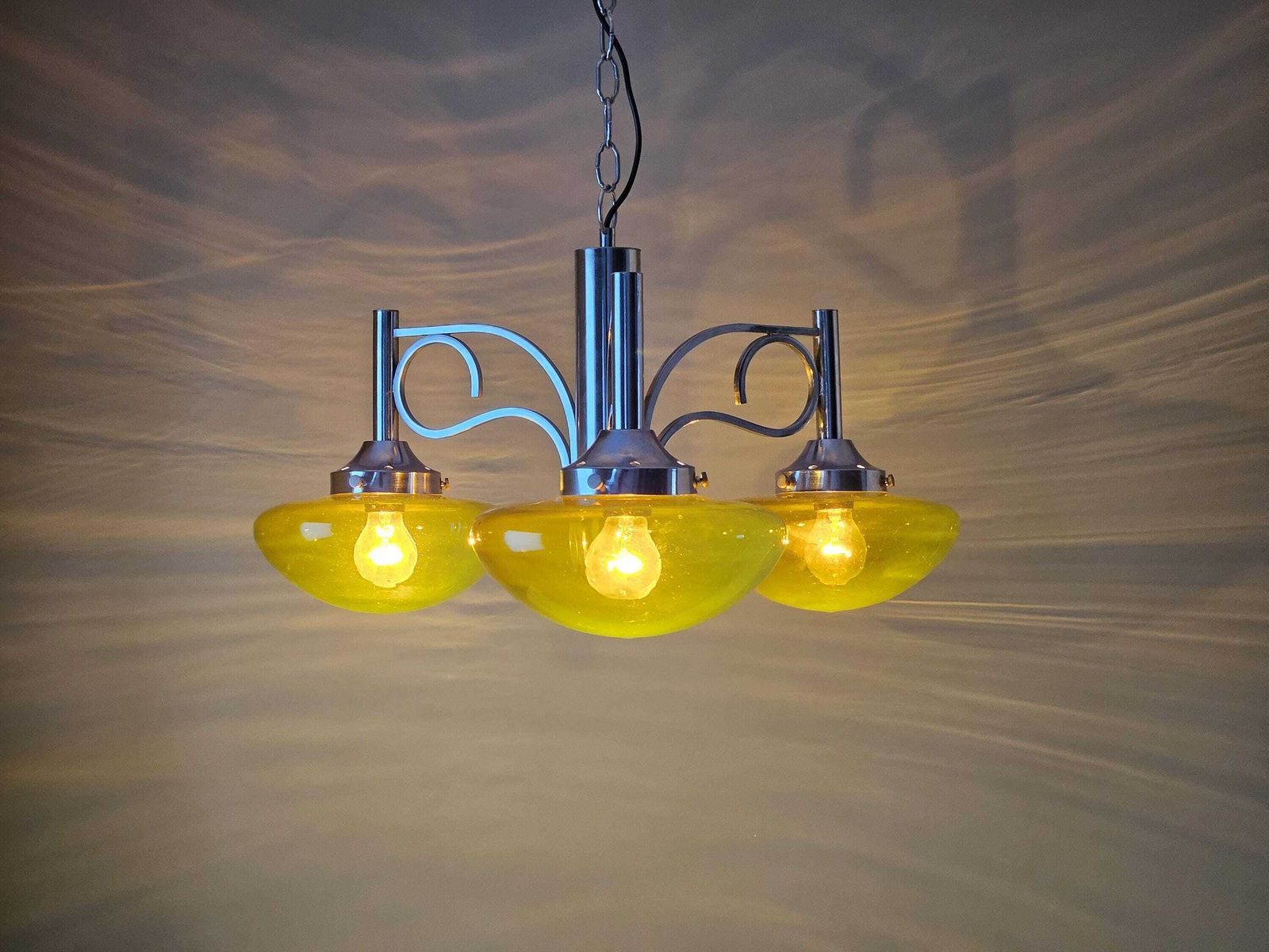 Vintage Chandelier, Space Age Lamp, Amber Glass Pendant Light, Mcm Ceiling Lamp, 70s, Chrome Chandelier, Light Fixture, Mid Century Modern photo furniture