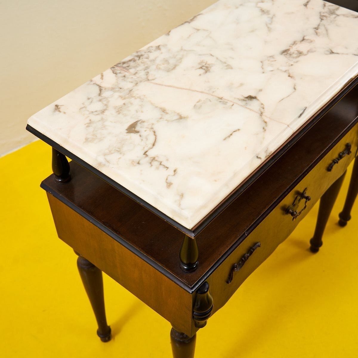 Pair Of Wooden Bedside Tables With Marble Top From The 50s photo for sale