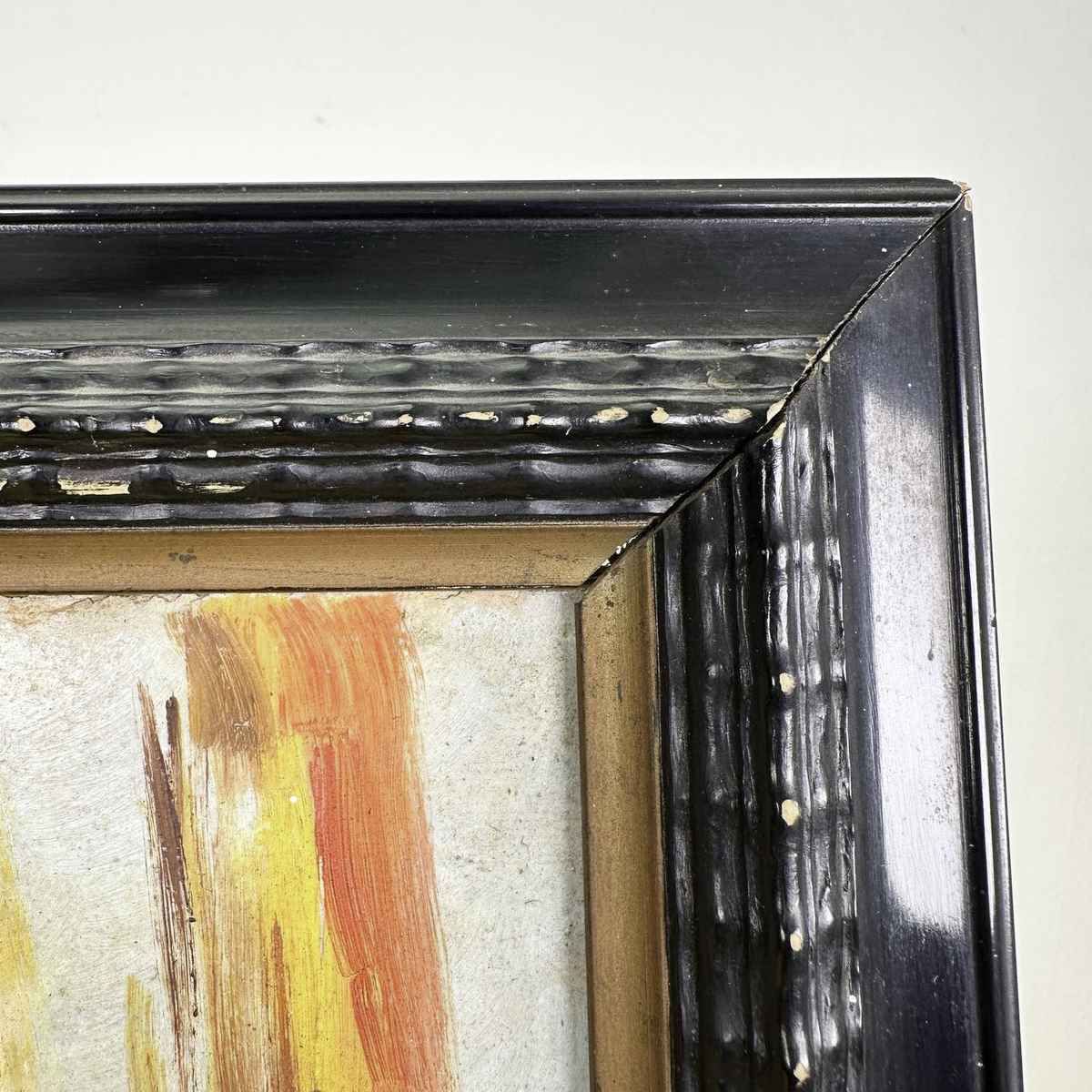 Vintage Ebonized Rippled Wooden Frame With Landscape Painting On Panel photo furniture