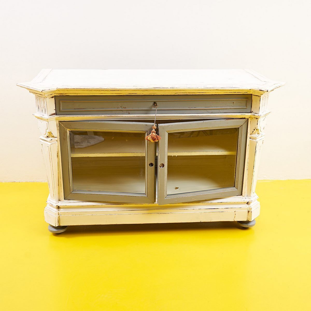 Early 1900s White And Dove Grey Solid Wood Sideboard