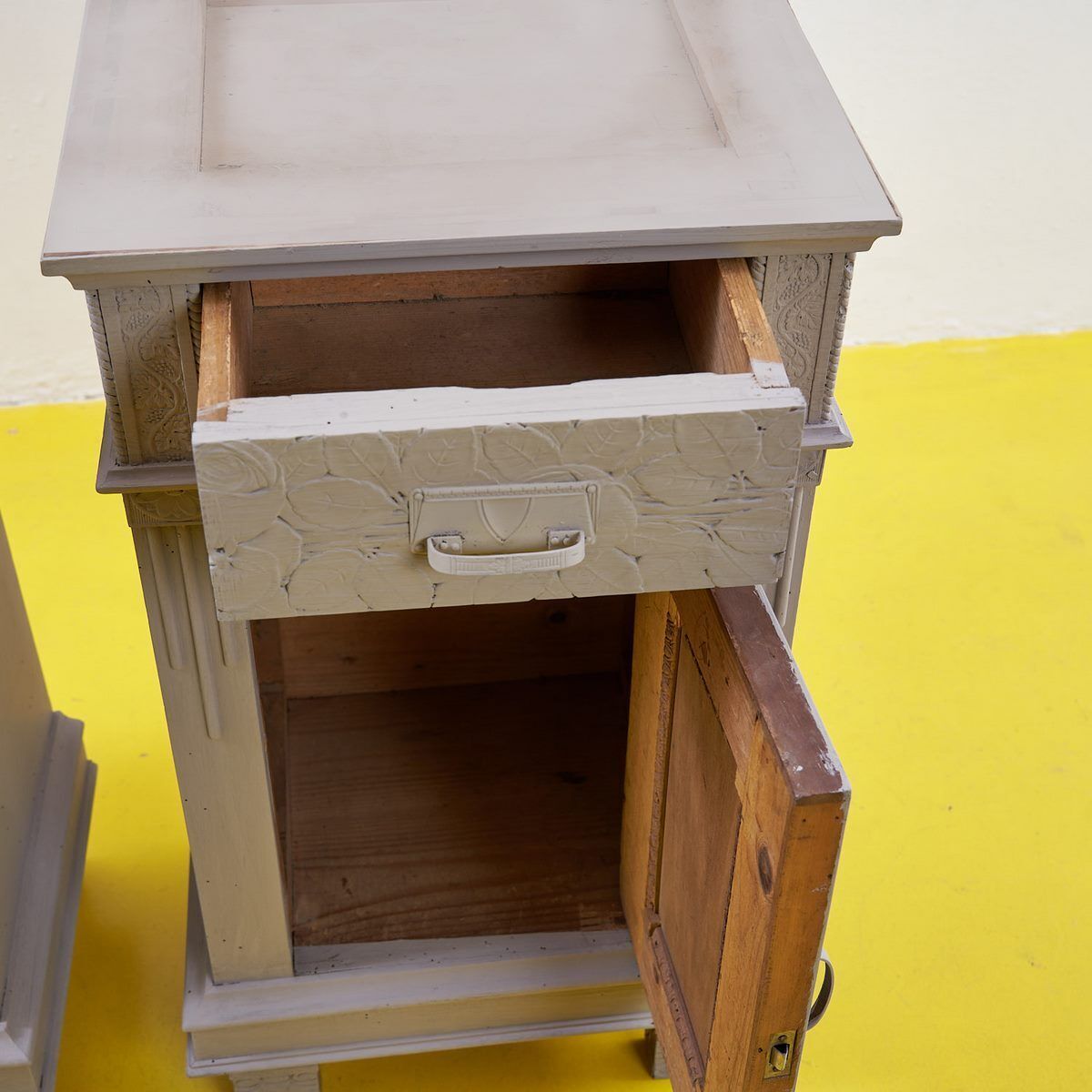 Pair Of Dove Grey Wooden Bedside Tables From The 40s photo vinterior