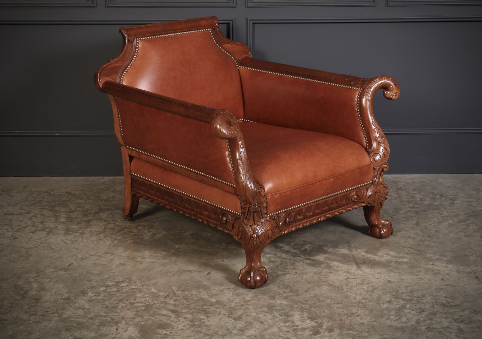 Pair Of Carved Mahogany & Leather Library Armchairs photo Furniture